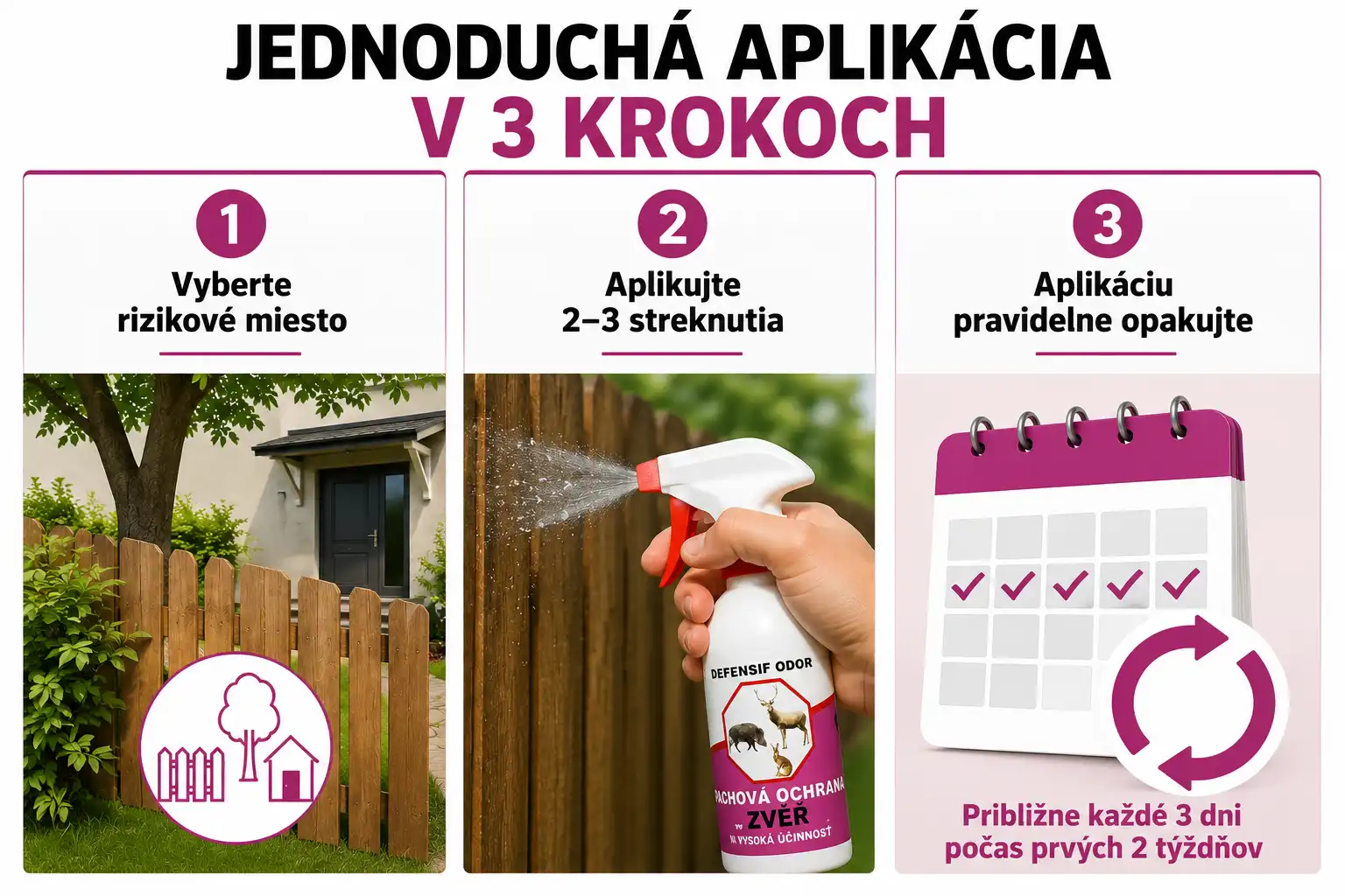 Aplikácia odpudzovača DEFENSIF Odor ZVER v troch krokoch