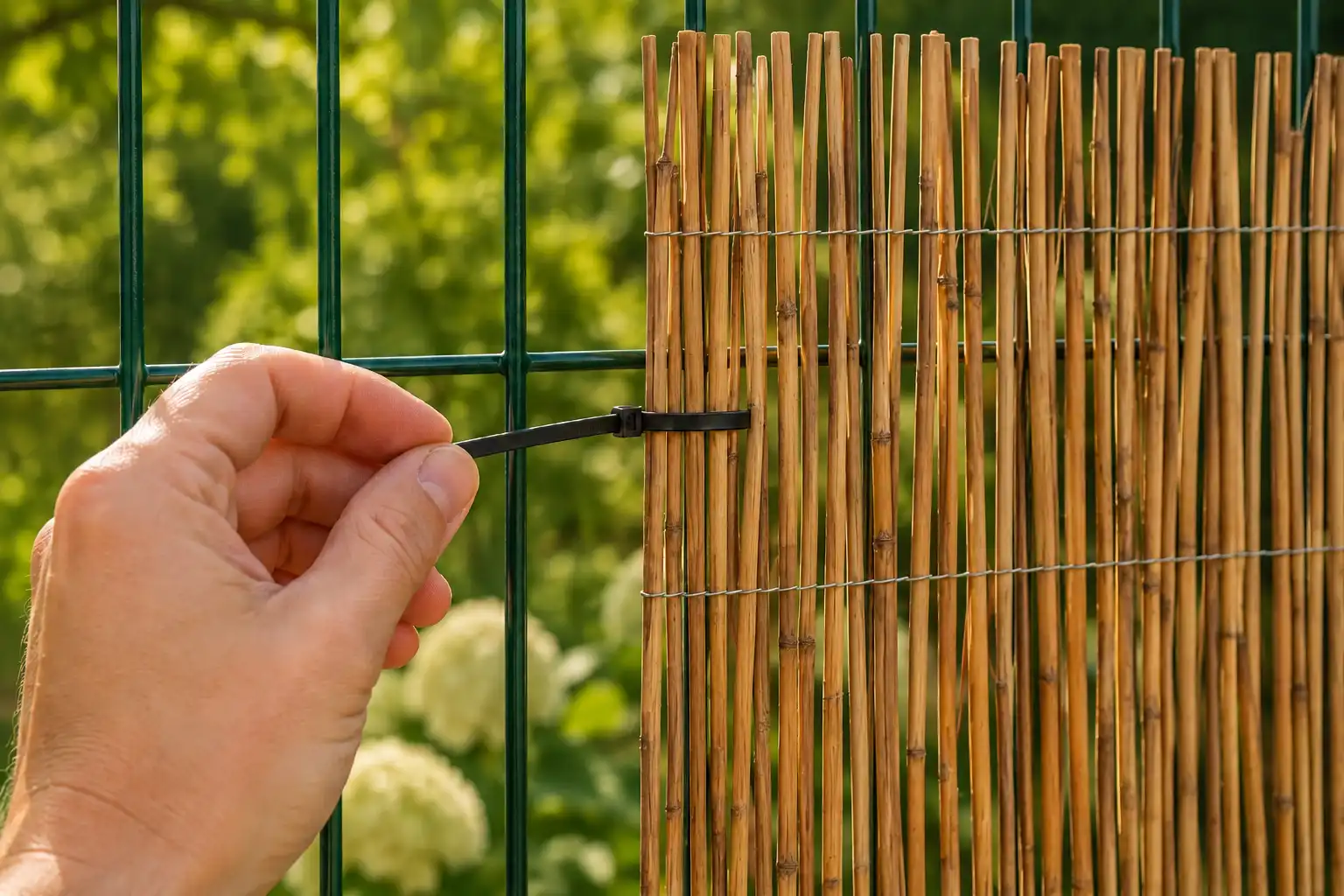 Jednoduché uchytenie rákosovej rohože na plot plastovou páskou