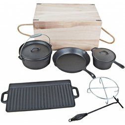 El Fuego Liatinový 4-dielny BBQ set kotlík,hrniec,panvica,grilovacia platňa, drevený box